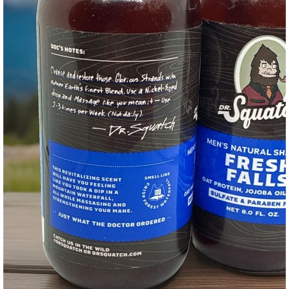 2 Bottles Dr Squatch FRESH FALLS Mens Natural Shampoo Oat Protein Jojoba & Honey